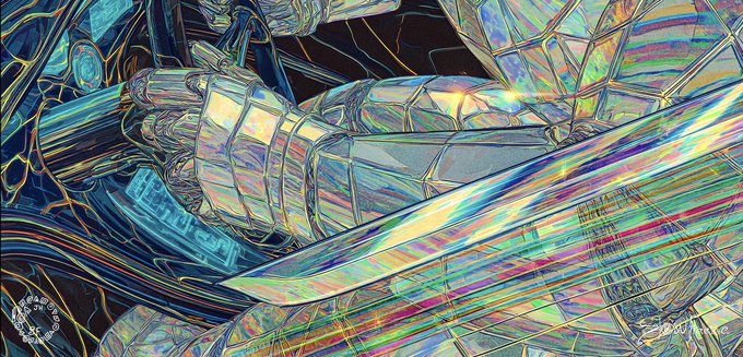 An artistic illustration of a warrior in armor holding a large sword, rendered with a prismatic/holographic rainbow effect on the metal surfaces.