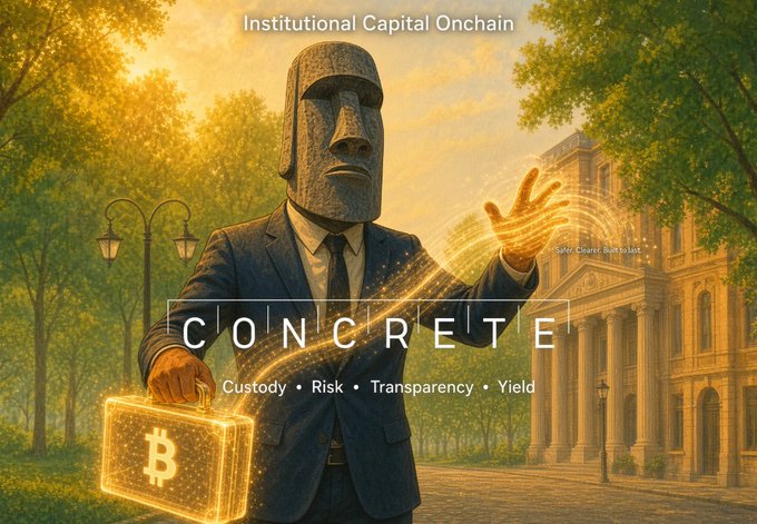An AI-generated illustration titled 'CONCRETE: Institutional Capital Onchain' featuring a stone Moai-like figure in a suit holding a glowing Bitcoin briefcase.
