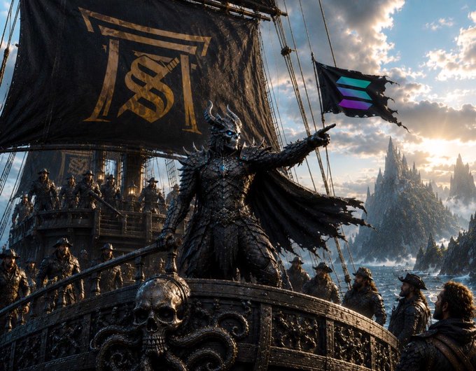 The image features a pirate ship with a man dressed as a knight standing on top of it, holding a flag that has the word "SOLANA!" written on it. The pirate ship appears to be sailing through rough waters, adding an adventurous atmosphere to the scene.