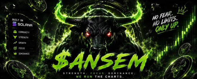 A promotional graphic featuring a green-glowing bull with red eyes, branded '$ANSEM' with text 'BUILT ON SOLANA', 'NO FEAR. NO LIMITS. ONLY UP.', and pillars 'COMMUNITY, STRENGTH, GROWTH, FOCUS, DOMINANCE' with the slogan 'STRENGTH. FOCUS. DOMINANCE. WE RUN THE CHARTS.'