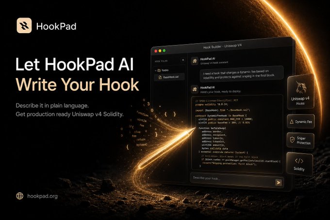 An advertisement for 'HookPad AI', describing itself as a tool to 'Write Your Hook' using plain language to generate Uniswap v4 Solidity code.