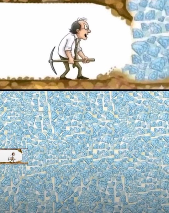 A cartoon illustration showing a man with a pickaxe digging into a massive pile of blue diamonds.