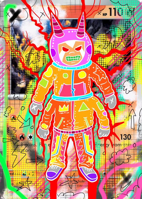 A vibrant, chaotic digital art piece featuring a character in a horned helmet wearing orange space-themed pajamas against a background of red splashes, graffiti, and game UI elements showing HP 110 and damage 130.