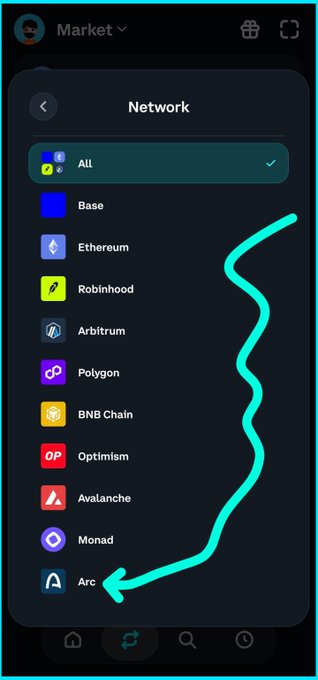 A mobile app interface showing a 'Network' selection menu with options including Base, Ethereum, Robinhood, Arbitrum, Polygon, BNB Chain, Optimism, Avalanche, Monad, and Arc, with a teal squiggly line and arrow pointing to the Arc option.