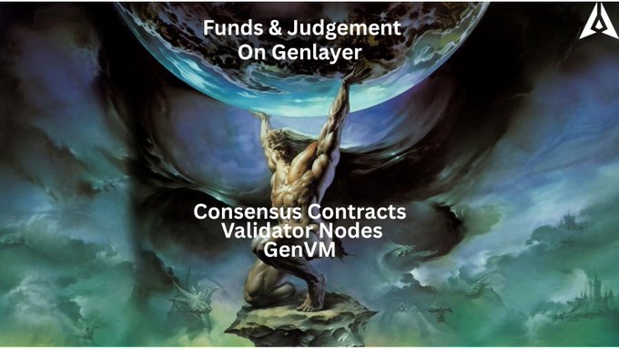 A promotional graphic showing a muscular figure holding up the Earth, with text reading 'Funds & Judgement On Genlayer' at the top and 'Consensus Contracts, Validator Nodes, GenVM' overlaid on the figure, featuring an 'A' logo in the corner.