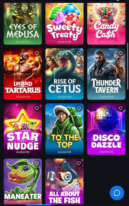 A mobile casino games lobby displaying various slot game thumbnails from Gladiator provider, including 'Eyes of Medusa', 'Sweetie Treaty', 'Candy Cash', 'Legend of Tartarus', 'Rise of Cetus', 'Thunder Tavern', 'Star Nudge', 'To The Top', 'Disco Dazzle', 'Maneater', and 'All About The Fish'.