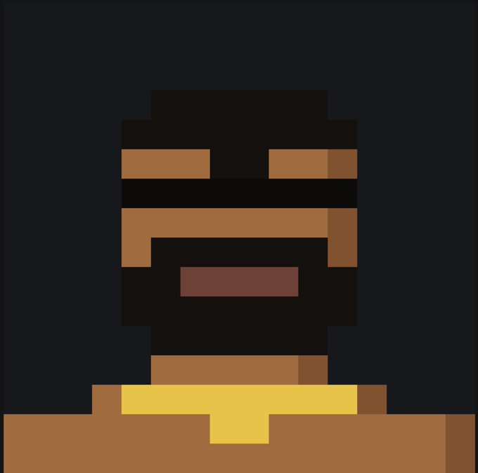 A minimalist pixel art character with dark skin wearing a yellow necklace against a black background.