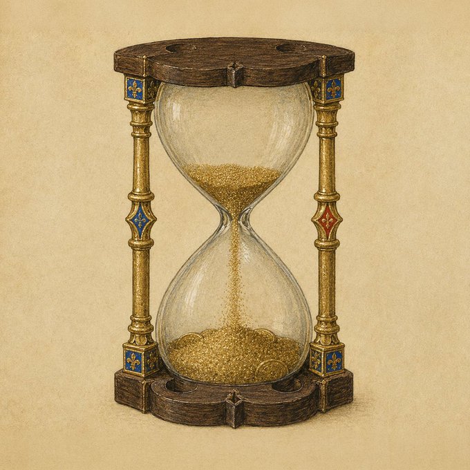 A golden hourglass with ornate fleur-de-lis pillars steadily drains, symbolizing the final 30 minutes before the NFT mint on OpenSea, marking the closing window for Phase 1 and 2 participants to secure their entry.