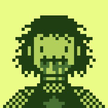 A pixel art portrait of a bearded person wearing headphones, rendered in shades of green.