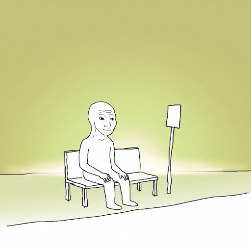 A line drawing of a featureless humanoid figure sitting on a bench in a room with a green wall, staring at a smartphone mounted on a tripod.