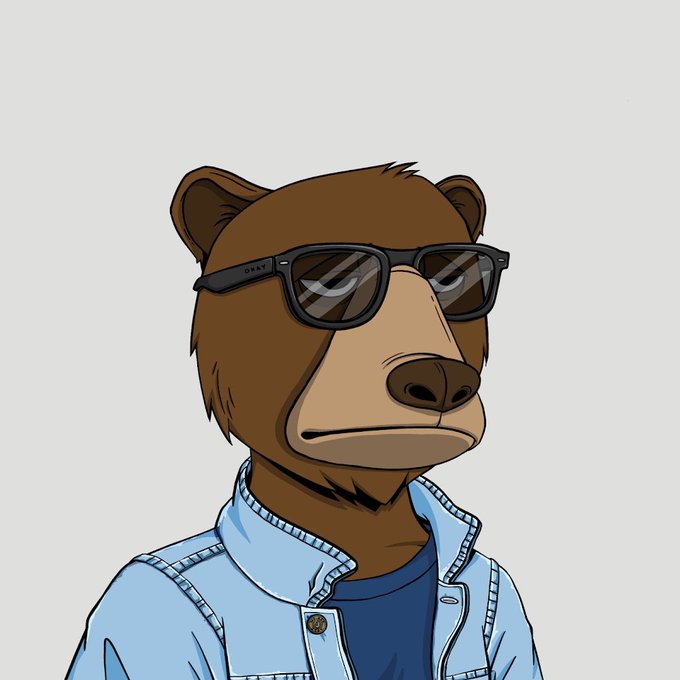 A cartoon illustration of a brown bear wearing black sunglasses and a light blue denim jacket over a darker blue shirt, characteristic of an NFT profile picture style.