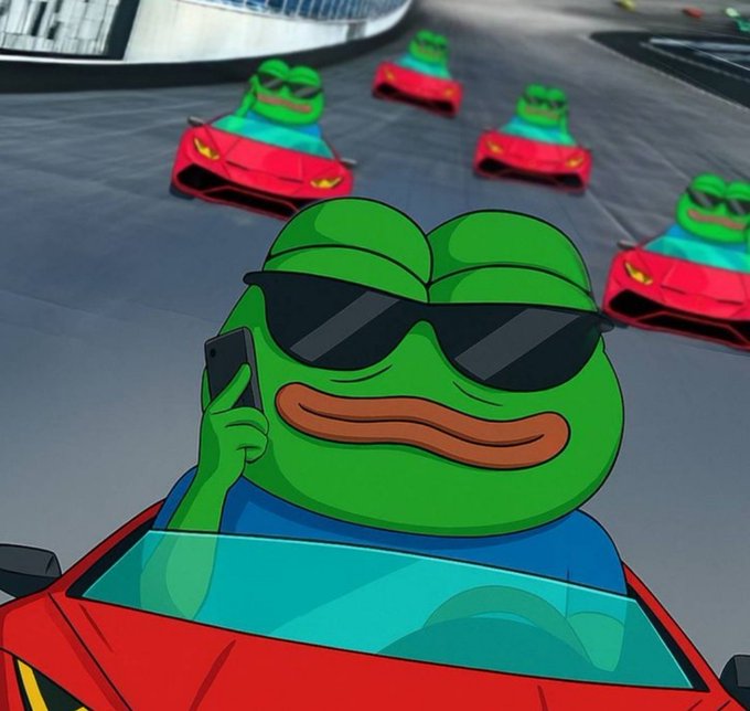 A Pepe the Frog meme character wearing black sunglasses and a blue shirt drives a red convertible while talking on a phone, with several identical Pepe figures in matching red cars following behind on a racetrack, humorously paired with the "Gm guys" post to represent enthusiastic morning greetings from a whole crew of Peeps.