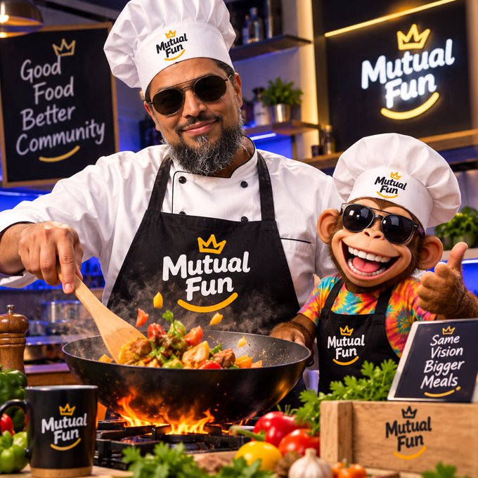 A man dressed as a chef wearing a 'Mutual Fun' apron and hat stirs a wok alongside a chimpanzee also in chef attire, with 'Mutual Fun' and 'Good Food Better Community' branding throughout the kitchen scene.