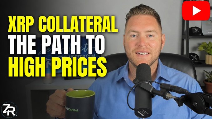 A man in a blue shirt speaks into a microphone while holding a mug, with bold yellow text reading "XRP COLLATERAL THE PATH TO HIGH PRICES" alongside the Ripple (XRP) logo and YouTube branding, promoting a Monday Morning market update video about XRP developments.