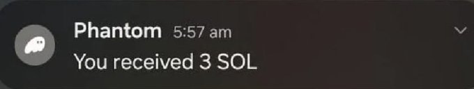 A notification from Phantom wallet at 5:57 am reads "You received 3 SOL," illustrating the crypto airdrop referenced in the post offering 3 SOL (~$330) to the first 1,000 people to interact.