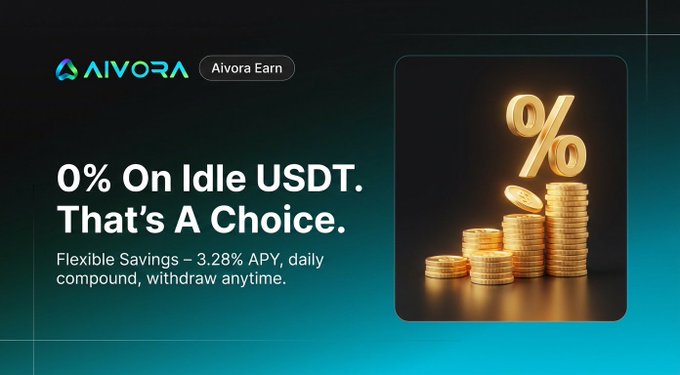 An advertisement for 'AIVORA Earn' promotes 3.28% APY flexible savings on idle USDT with daily compounding and no withdrawal limits, alongside a 3D render of gold coins and a percentage symbol.
