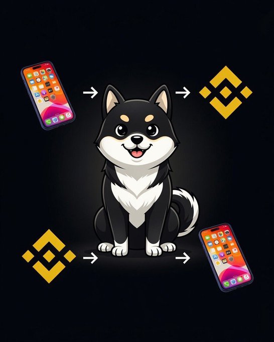 The image features a cartoon dog sitting next to two cell phones, one of which has a Bitcoin symbol on it. The text accompanying the image reads "First, you downloaded Binance on Apple. Now, you can buy Apple on Binance. But the real alpha? $MANU - the midnight-black Shiba empress with 
20M+ followers and an empire already rising ... still isn’t listed on Binance... yet. Manyu Army isn’t waiting around." The image seems to be promoting Bitcoin or cryptocurrency, as indicated by the Bitcoin symbol on one of the cell phones.