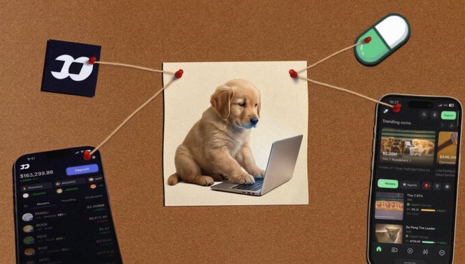 A corkboard-style image featuring a puppy using a laptop in the center, connected by red string to a Jelly app logo, a green-and-white pill icon, and two phones showing trading and memecoin apps.