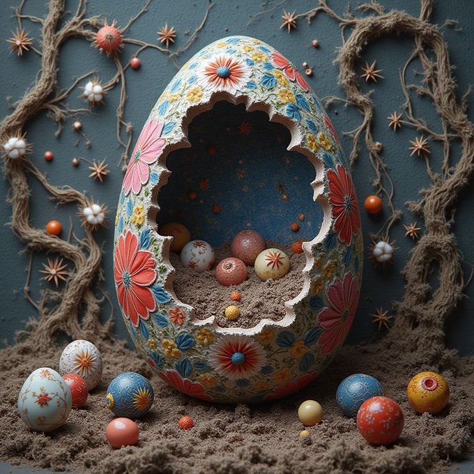 An ornately decorated large egg with floral designs is broken open, revealing smaller colorful eggs nestled in sand against a blue background with roots and stars.