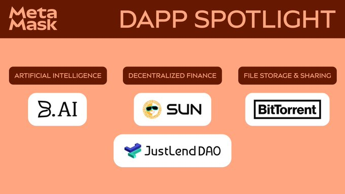 A MetaMask "DApp Spotlight" graphic showcasing featured decentralized applications across three categories: Artificial Intelligence (B.AI), Decentralized Finance (SUN and JustLend DAO), and File Storage & Sharing (BitTorrent), highlighting the newly integrated TRON ecosystem dApps available through MetaMask wallet.