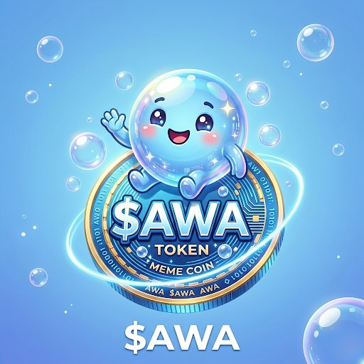 A cute cartoon bubble character waves cheerfully while sitting atop a glowing blue coin labeled "$AWA TOKEN MEME COIN," with "$AWA" displayed prominently below—matching the post's announcement that the $AWA token has officially launched on Pump.fun with contract address 3m1bcFuQF5cqxemcN4GcT9CGUAoHhYtvpn3vbY3kpump.
