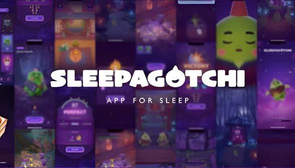 A promotional graphic for 'SLEEPAGOTCHI' featuring the tagline 'APP FOR SLEEP' over a collage of various colorful game screens and a cartoon chili pepper character.