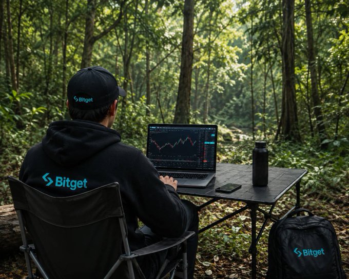 A promotional image showing a person wearing a Bitget hoodie and cap sitting at a laptop in a forest, with the Bitget logo visible on their apparel and a nearby backpack.