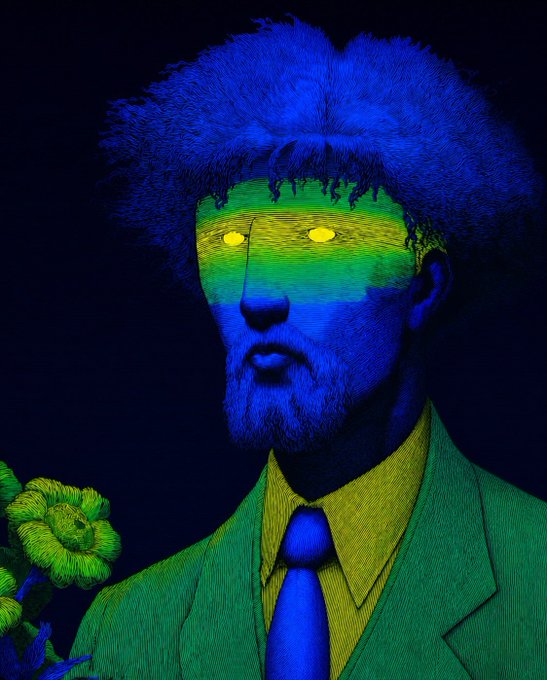 The image features an illustration of a man wearing a suit with a green tie and a blue shirt. The man has a beard and his face appears to be illuminated by neon lights, giving him a unique and striking appearance. The background of the image is dark, which further emphasizes the man's presence in the scene. The post includes text that reads "Goodnight CT The market never sleeps, but you should @wallchain Rest well, recharge, and come back stronger tomorrow Wishing everyone a productive day ahead @useTria". This message seems to be related to the illustration of the man with the neon lights, as if he is a character from an artwork or a symbol representing productivity and success.