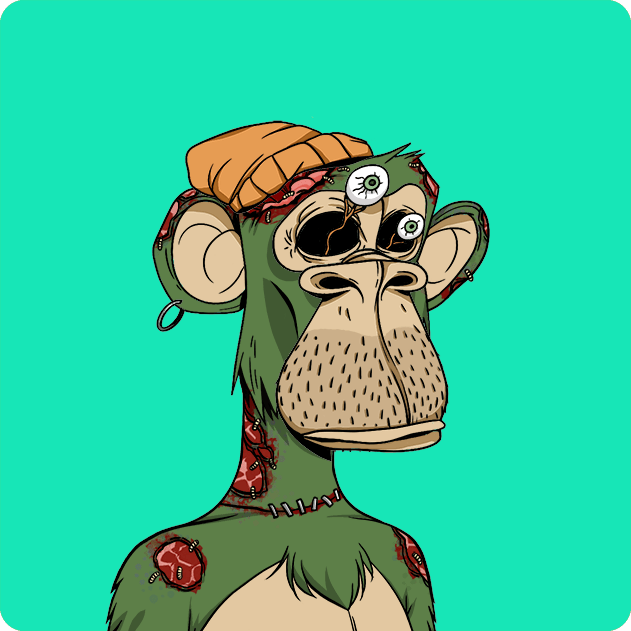 A cartoon illustration of a green zombie monkey wearing an orange beanie, featuring exposed brain tissue, mismatched eyes, and stitched wounds on its neck and shoulder against a teal background.