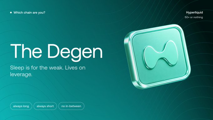 A digital advertisement or webpage with a teal background displays the text 'The Degen', 'Sleep is for the weak. Lives on leverage.', 'Hyperliquid', and tags 'always long', 'always short', 'no in-between'.