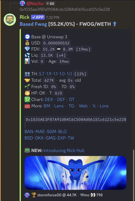 A Discord message from user "Rick" showing cryptocurrency analysis for "Based Fwog" (FWOG/WETH) on Uniswap 3, with FDV of 55.2K and an introduction to "Rick Hub."