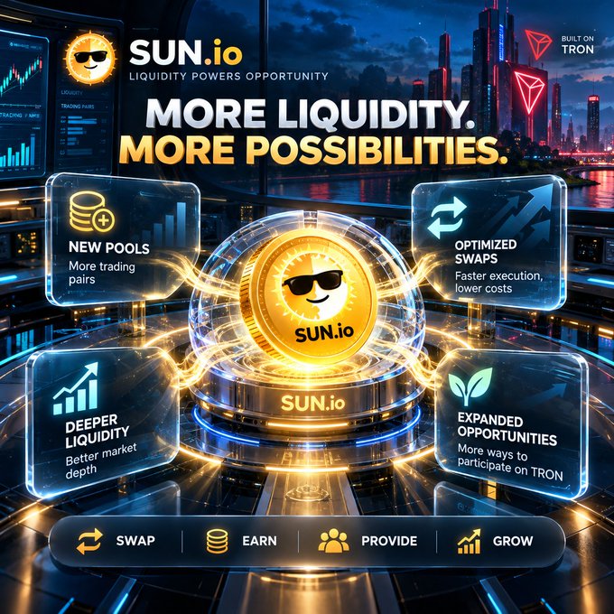 A promotional graphic for SUN.io, built on TRON, with the tagline "MORE LIQUIDITY. MORE POSSIBILITIES." highlighting features like New Pools, Optimized Swaps, Deeper Liquidity, and Expanded Opportunities.