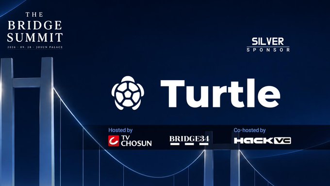 Promotional banner announcing Turtle as a Silver Sponsor of The Bridge Summit 2026 (September 28, 2026, Josun Palace), hosted by TV Chosun and Bridge34, co-hosted by Hack VC, featuring the Turtle logo with a turtle shell icon against a stylized bridge background.