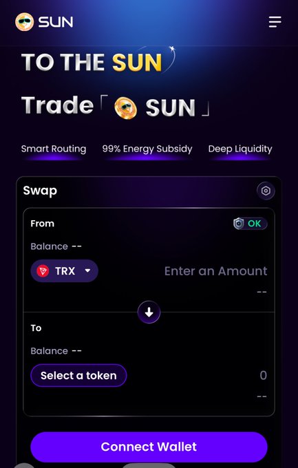 A mobile interface for 'SUN' (SUN.io) showing a 'Trade' feature with a Swap section for converting TRX tokens, with options for Smart Routing, 99% Energy Subsidy, and Deep Liquidity.