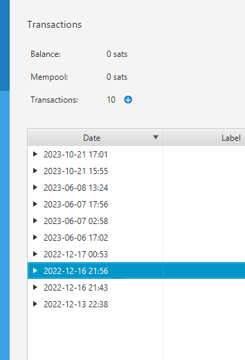 A close-up of the Sparrow wallet transactions list showing 10 transactions with 0 sats balance, with dates ranging from 2022 to 2023.