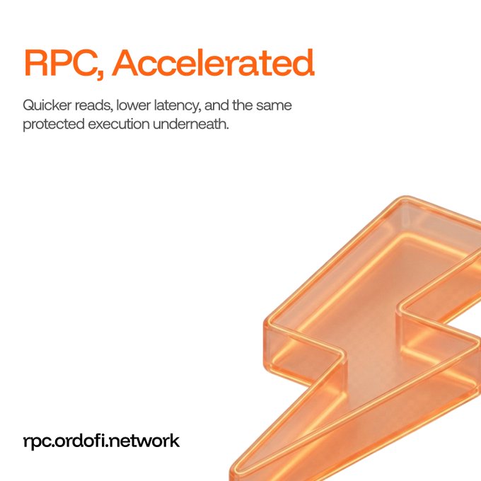 A minimalist promotional graphic reading 'RPC, Accelerated' with the tagline 'Quicker reads, lower latency, and the same protected execution underneath' alongside a translucent orange lightning bolt and the URL rpc.ordofi.network.
