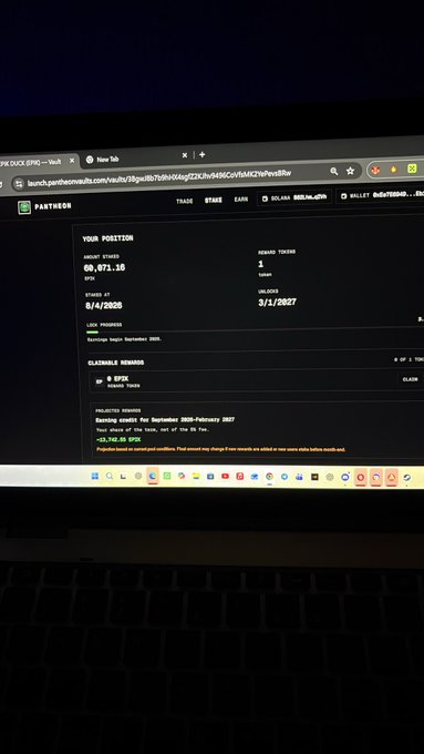 A photograph of a laptop screen showing a Pantheon financial dashboard with a short position of 69,671.16 SPY shares opened 8/4/2026, expiring 3/1/2027.