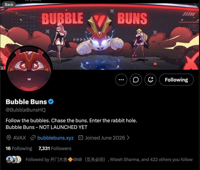 A Twitter profile for "Bubble Buns" (@BubbleBunsHQ) with a verified blue check, featuring anime-style artwork of two characters flanking a red cat-like creature, with the account bio stating "Bubble Buns - NOT LAUNCHED YET" and hosted on the AVAX (Avalanche) network at bubblebuns.xyz, aligned with the post's discussion of it being an early alpha-stage project in the Avalanche ecosystem.