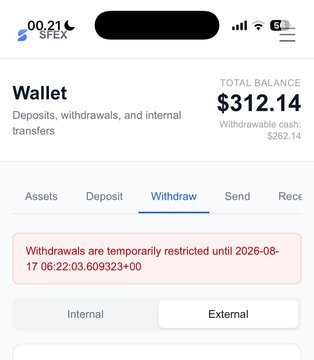 A screenshot of the Sfex wallet app shows a total balance of $312.14 (with $262.14 withdrawable) and a red warning that "Withdrawals are temporarily restricted until 2026-08-17," illustrating the scam alert's claim that users can deposit freely but are blocked from withdrawing their funds.