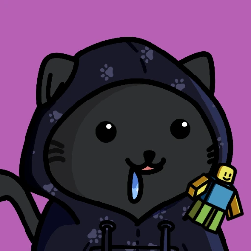 A cartoon illustration of a black cat wearing a dark hoodie with paw prints, drooling while holding a Roblox character toy, set against a solid purple background.
