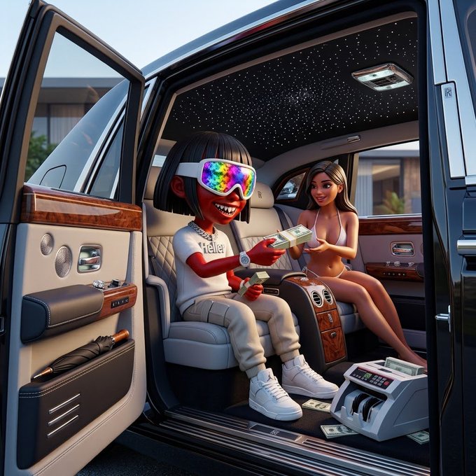 A 3D-rendered scene inside a luxury Rolls-Royce vehicle showing a stylized character in a white shirt holding cash, seated next to a woman in a bikini.