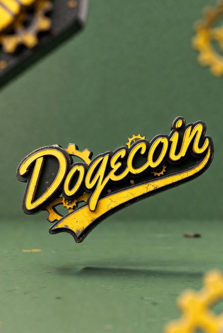 A 3D-style graphic displaying the word 'Dogecoin' in yellow cursive lettering with a black outline, accompanied by gear motifs, set against a green background with scattered gears.