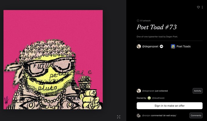 A digital art marketplace listing for "Poet Toad #73," a 1/1 typewriter-toad artwork by Degen Poet, shown on a pink background with a "Sign in to make an offer" button.