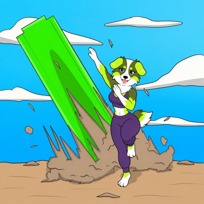 A cartoon illustration of an anthropomorphic green and white dog character in workout attire posing triumphantly in front of a giant green arrow pointing upward amid a dust cloud.