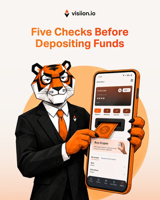 A promotional graphic titled "Five Checks Before Depositing Funds" features an anthropomorphic tiger in a suit pointing at a smartphone displaying a crypto buying interface.