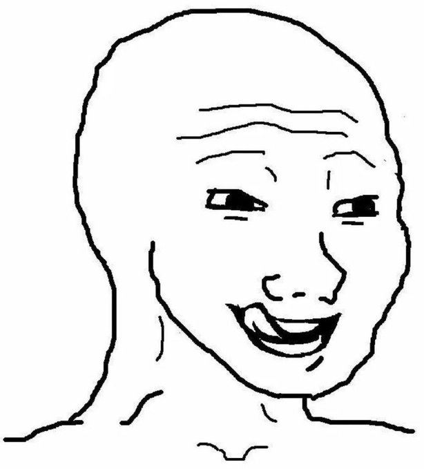 A simple line drawing of a smiling bald figure's face, a classic Wojak-style happy expression.