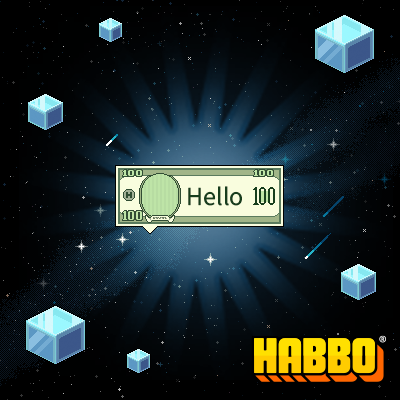 A Habbo Hotel advertisement showing a speech bubble reading 'Hello' with the Habbo logo on a starry space background with floating cubes.