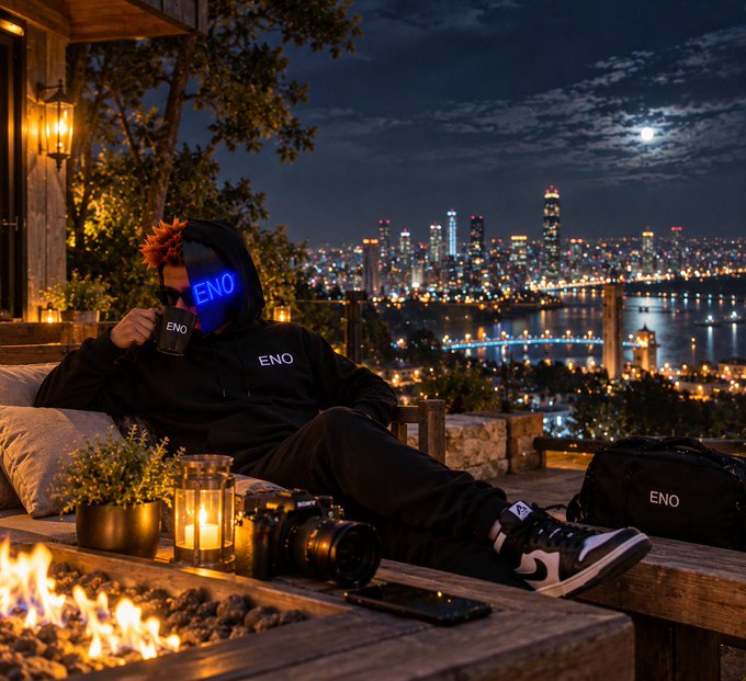 A figure in a black hoodie drinks from an 'ENO' mug beside a camera and candles on a patio overlooking a glowing nighttime city skyline.