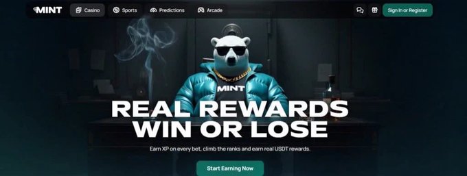 A promotional webpage for 'MINT' featuring a 3D animated character in a teal puffer jacket and sunglasses with the tagline 'REAL REWARDS WIN OR LOSE' and a 'Start Earning Now' button.