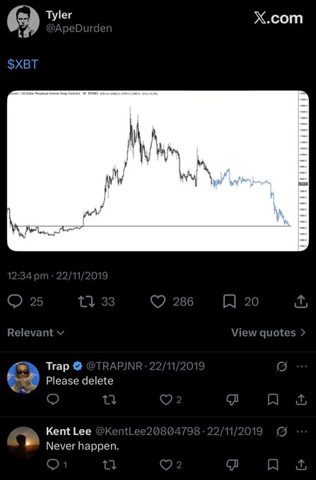 A tweet from @ApeDurden posted on 22/11/2019 displays a US Dollar Perpetual Inverse Swap Contract chart for Bitcoin (XBT) showing a dramatic round-trip move—rising sharply to a peak before falling back down to around the $3,000 level, visually confirming the caption "Round trip back to $3,000."
